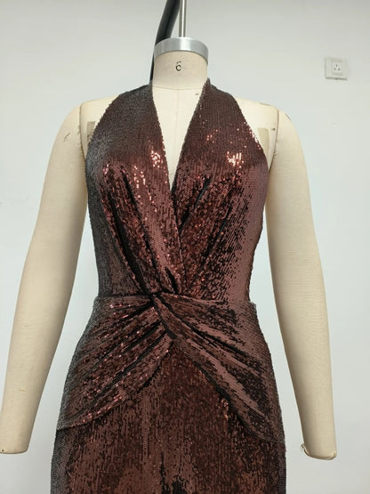 Women's Sleeveless Gold Sequin Jumpsuit Sexy V Neck Sparkle Sequined High Waist Wide Leg Pants Jumpsuit Celebrity Evening Party Badiee Stylez