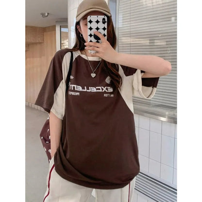 Women's Contrast Letters Printed Round Neck Short Sleeve T-Shirt Summer Women Clothing Fashion Korean Y2K Streetwear Tops