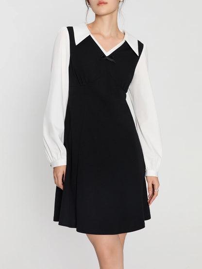 DUSHU Women Autumn Long SLeeve Dresses Office Lady Temperament Polo Neck A-LINE Long Dress Fake Two Patchwork Dress 24DS83358