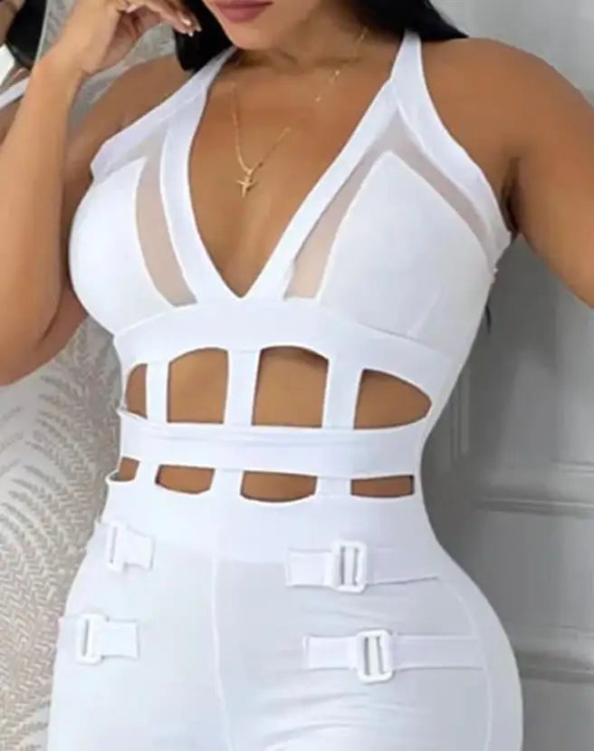 Women's jumpsuit 2025 summer new sleeveless new fashionable hollow camisole buckle comparison mesh tight jumpsuit