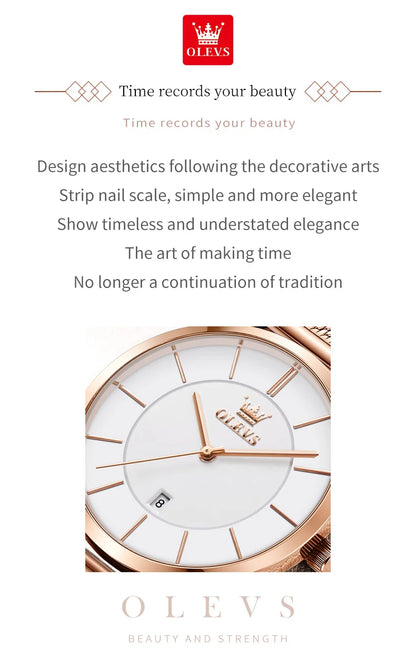 OLEVS Watch For Women Japan Quartz Movement 6.5mm Case Thickness Waterproof Ladies Hand Clock Calendar Fashion Dress Wrist Watch