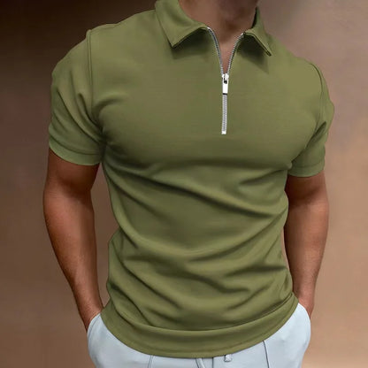 Summer Vibes Men's Polo Shirt - Solid Color, Short Sleeve, Zippered Turn-Down Collar for Effortless Casual Style