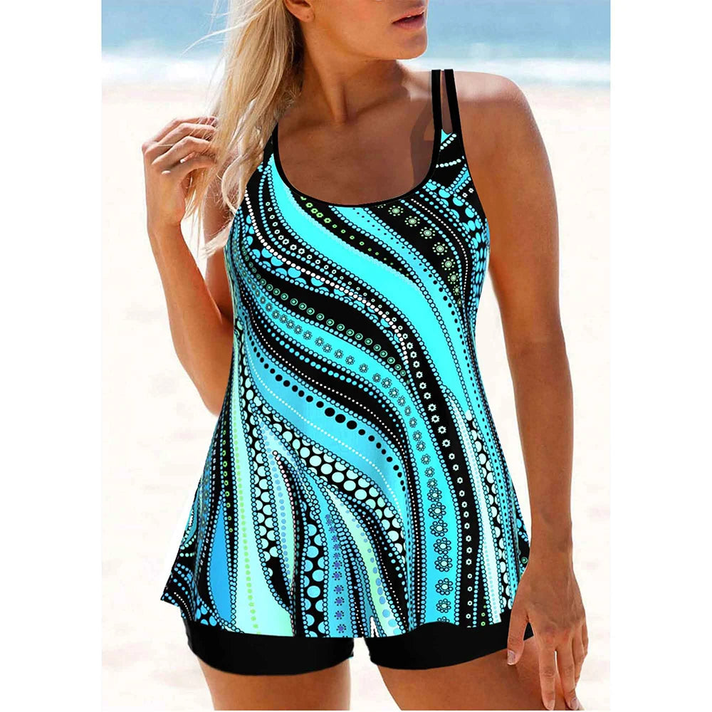2024 Women's Sexy New Swimsuits Plus Size Printed Beachwear Summer Beach Ladies Casual Fashion Tankini Swim Wear Cyan