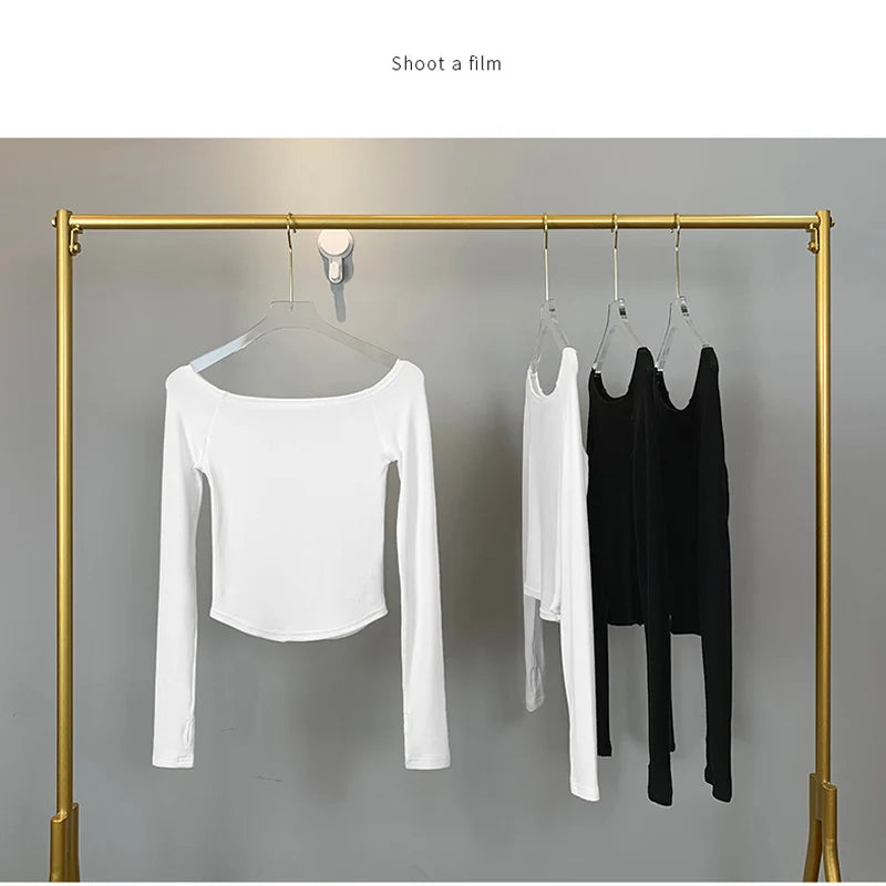 Sexy Slash Neck T Shirt Women Cotton Long Sleeves Cropped Tee Shirt Femme Slim T-shirt Female Black White Tops 2024