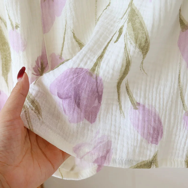 2025 Women's New Summer Pajama Set 100% Cotton Crepe Vest+Shorts Two Piece Loose Home Clothing Set Sleepwear Ladies