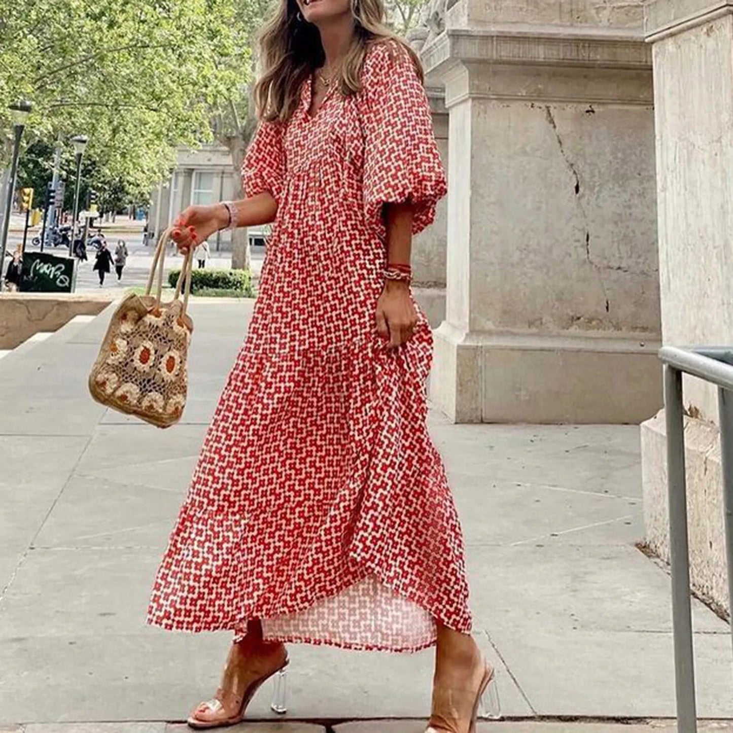Puff Sleeve Boho Maxi Dress Elegant Women Summer 2022 Casual Floral Drawstring V-Neck Loose Holiday Beach Dresses Party Vestidos Badiee Stylez