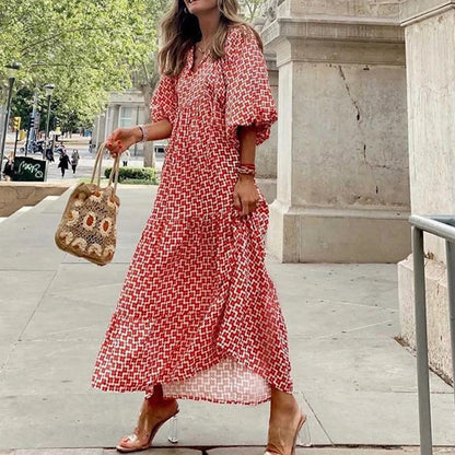 Puff Sleeve Boho Maxi Dress Elegant Women Summer 2022 Casual Floral Drawstring V-Neck Loose Holiday Beach Dresses Party Vestidos Badiee Stylez