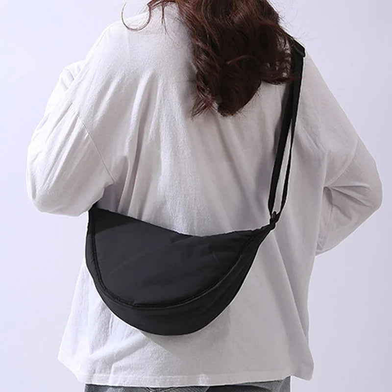 Solid Color Women's Portable Shoulder Bag Simple Female Nylon Cloth Padded Crossbody Bags Travel Purse Handbags Messenger Bag