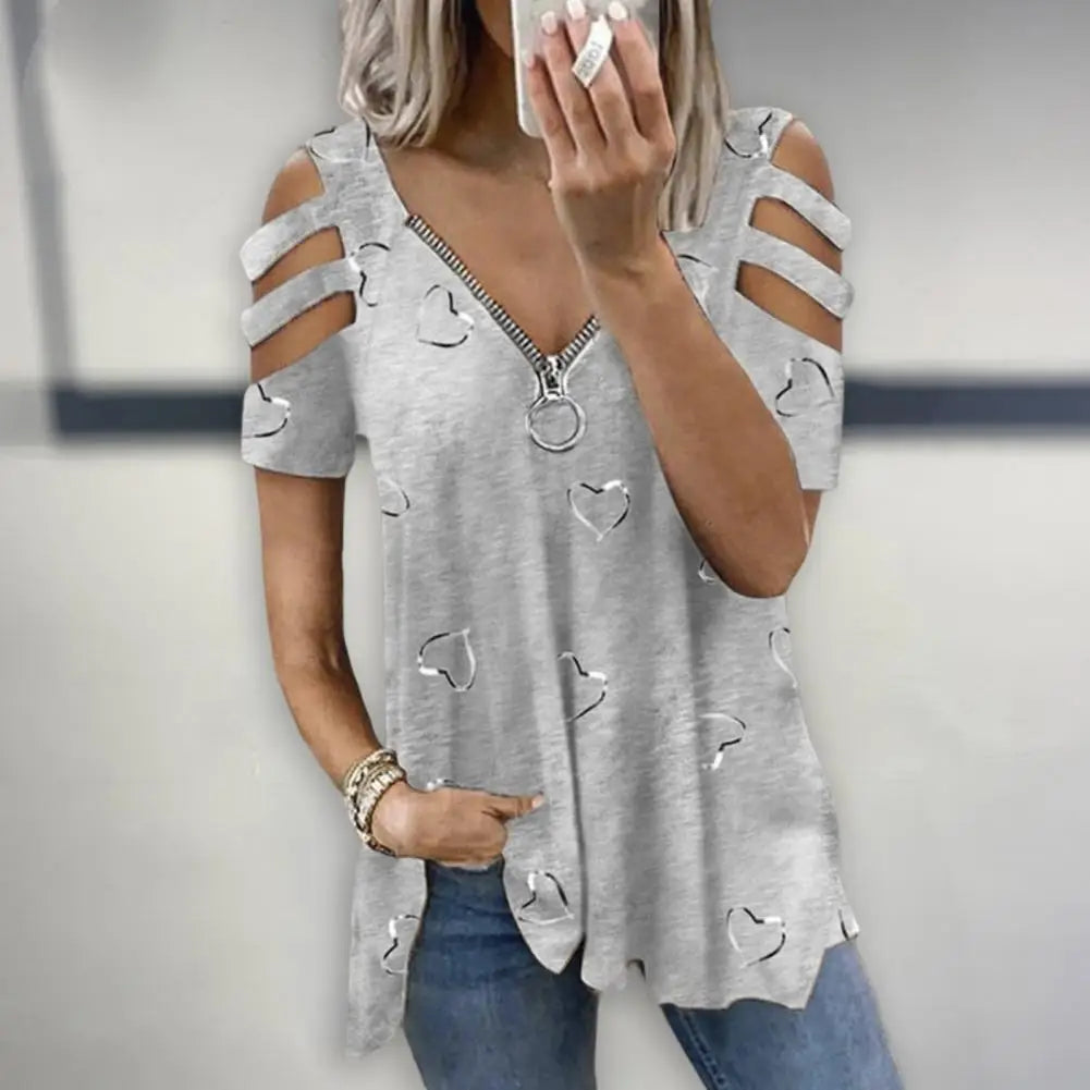 Women Summer Top V Neck Low-cut Hollow Out Short Sleeves T-shirt Match Pants Loose Plus Size Women Blouse Women Clothes