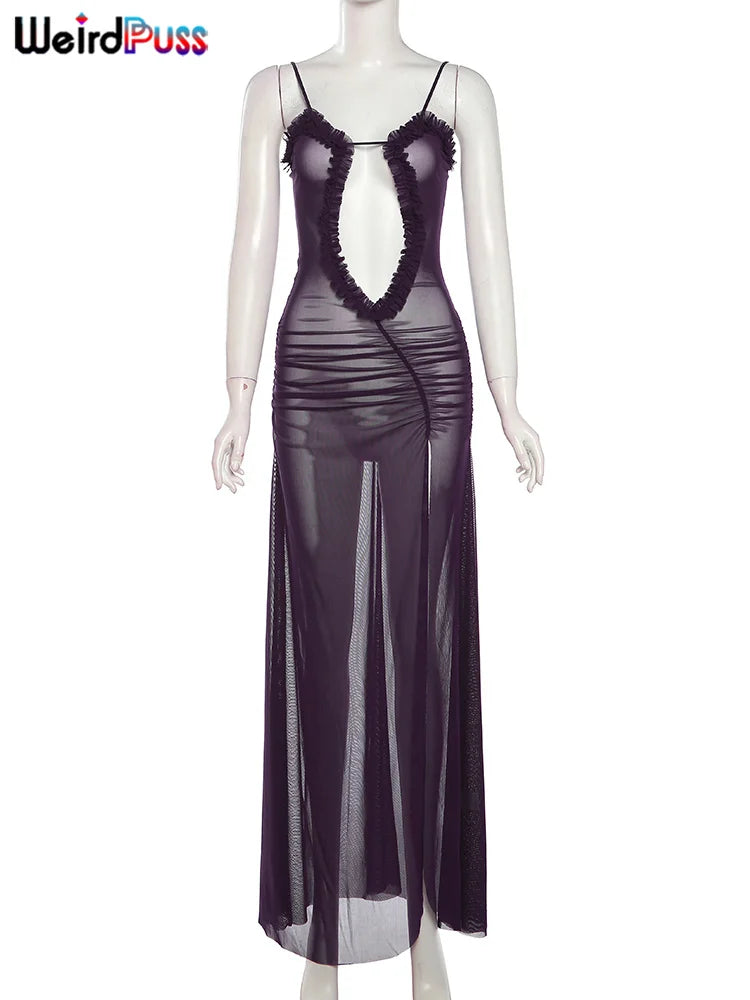 Weird Puss Side Split Women Dress Spaghetti Strap Halter Neck Edible Tree Fungus Hollow Out Sexy Evening Party Ladies Vestido