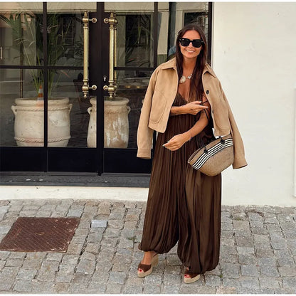 Fashion Solid Pleated Jumpsuit Women Chic Sleeveless U Neck Backless Loose Vacation Pants Set 2025 Summer Holiday Street Outfit