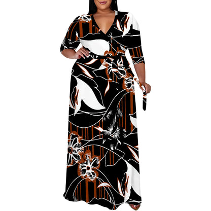 Plus Size Dress for Women - 3/4 Sleeve V-Neck Maxi Dress for Women with Belt and Pockets White-10 CHINA