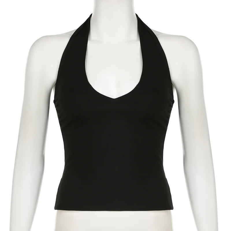 Cuteandpsycho Halter Neck Sext Tops Solid Basic Clubwear Fashion Slim Backless Cloth for Women Y2K Vintage 2000s Streetwear Tee
