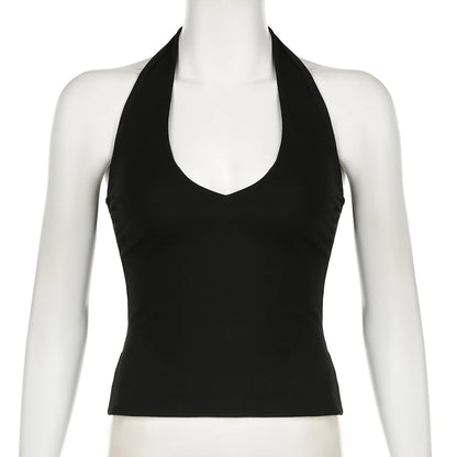 Cuteandpsycho Halter Neck Sext Tops Solid Basic Clubwear Fashion Slim Backless Cloth for Women Y2K Vintage 2000s Streetwear Tee