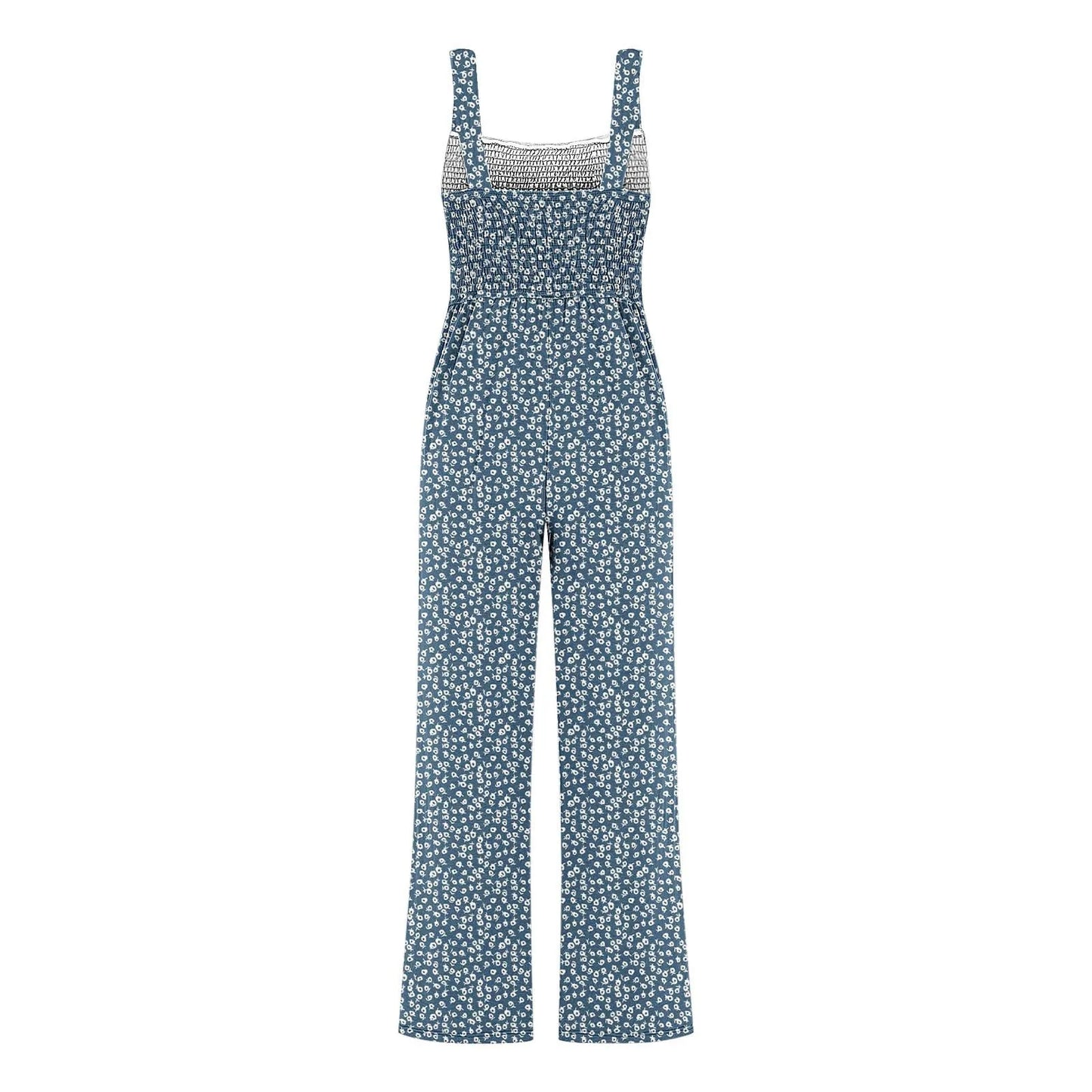 Women'S Suspender Jumpsuits Fashion Trend Pleated Shoulder Straps Printed Pocket Loose Wide Leg Jumpsuits Daily Casual All-Match