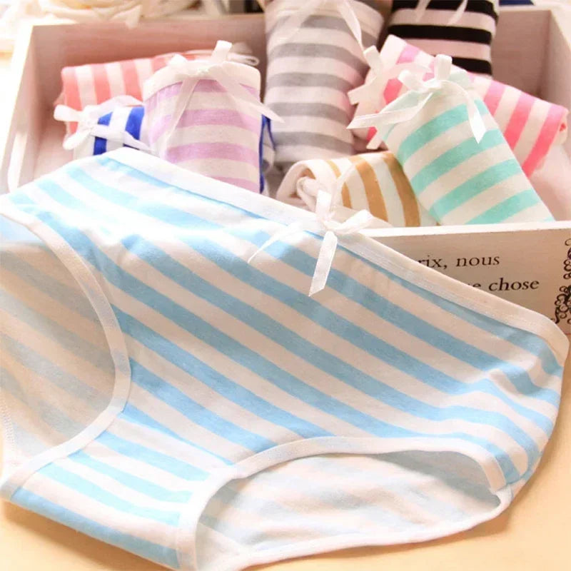 Kawaii Lolita Girls Japanese Anime Style Cosplay Women Panties Briefs With Bow Underwears Underpants Blue Pink White Stripe Gift Badiee Stylez
