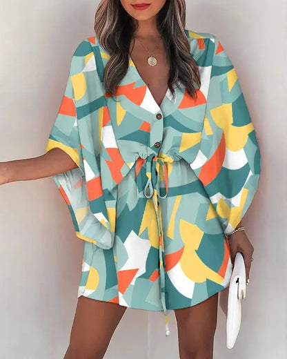 Women Print Dress Sexy V-Neck Bat Sleeve Ruffl Flowers Print Bohemian Beach Sundress Ladies Loose Summer Vacation Mini Dresses green