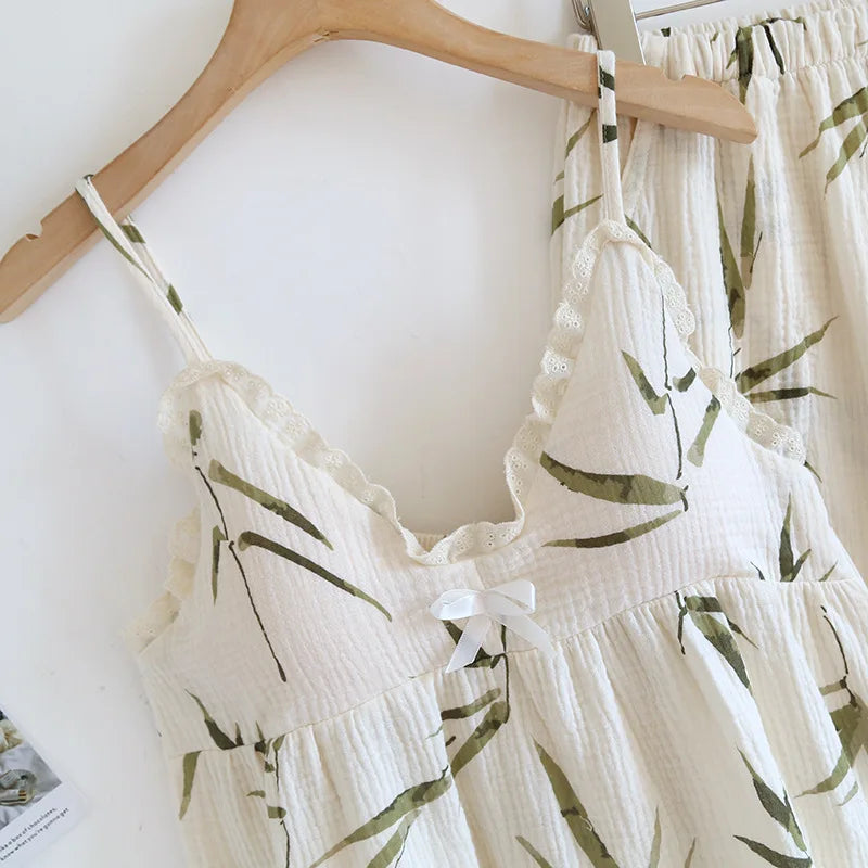 2025 Summer New Women's Two Piece Set of 100% Pure Cotton Crepe Cloth with Chest Cushion Sleepwear Sweet and Cute Home Fury