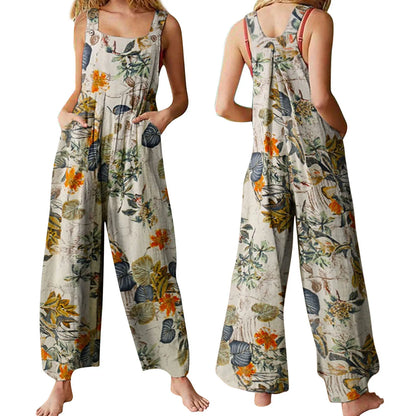 5XL Women Jumpsuit Vintage Leaf Floral Print Square Neck Sleeveless Rompers Overalls with Pockets Y2k Harajuku Streetwear