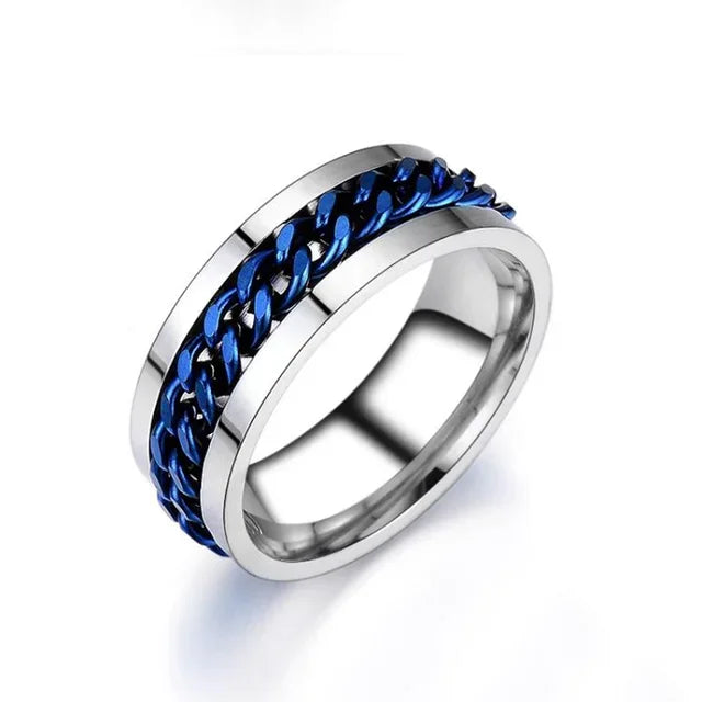 Fashion Women Chain Link Men's Rotatable Ring Stainless Steel Chain Link Men's Titanium Steel Corkscrew Ring Charm Jewelry Gifts Silver Blue