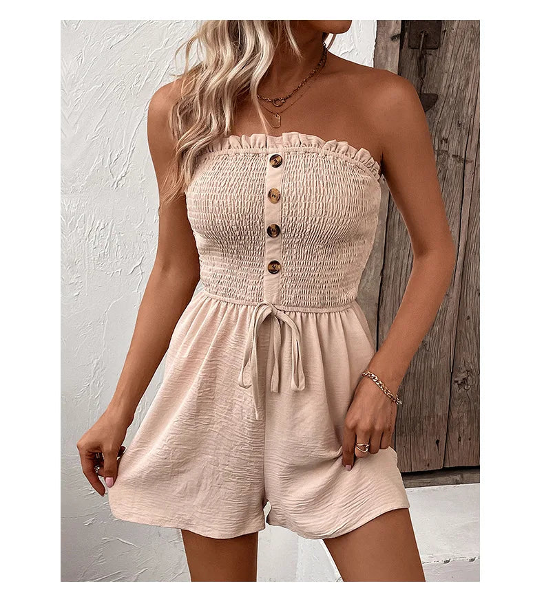 Summer Fashion Splicing Women's Solid Color Sexy Sleeveless Bra Button Tie Waist Casual Comfortable Jumpsuit Shorts 3/4