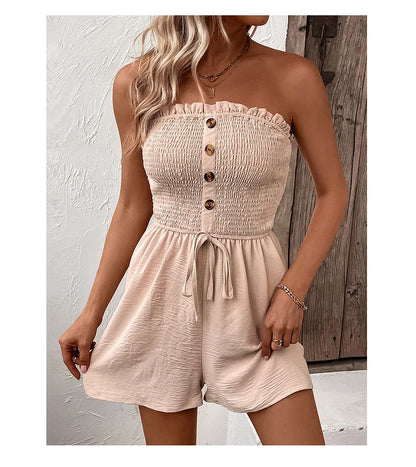 Summer Fashion Splicing Women's Solid Color Sexy Sleeveless Bra Button Tie Waist Casual Comfortable Jumpsuit Shorts 3/4