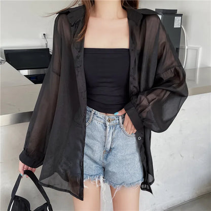 Semi Sheer Long Sleeve Shirt for Women Shimmer Button Down Collared Plain Lightweight Shirt Spring Summer Chic Tops Outfit black One Size