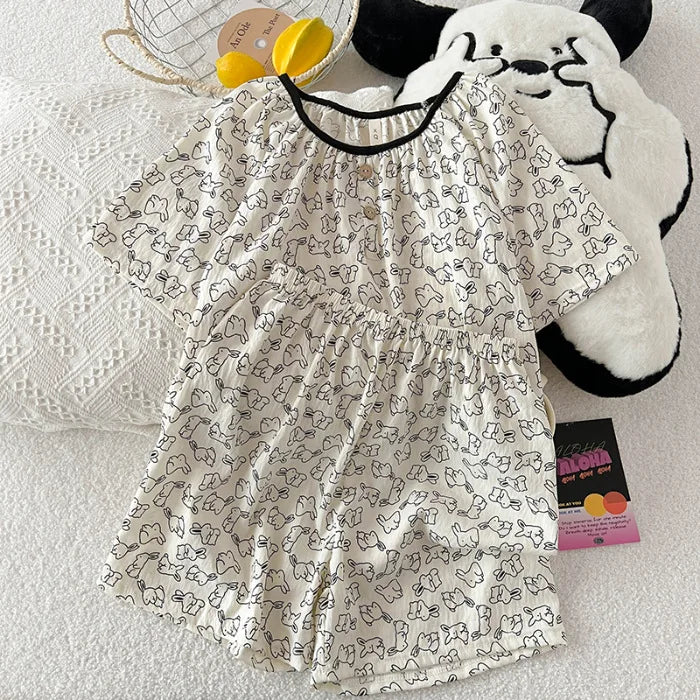 Summer New Cloud Cotton round Ne Button Sweet Cartoon Spwear Two-Piece Set Lightweight Comfortable Student Home Clothes Bunny