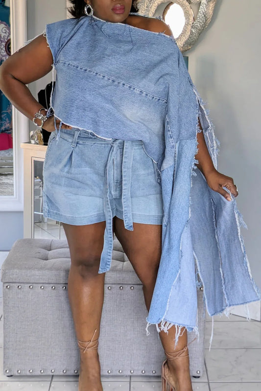 Plus Size Daily Blue Oblique Collar Batwing Sleeve Long Sleeve Split Irregular Hem Denim Jacket