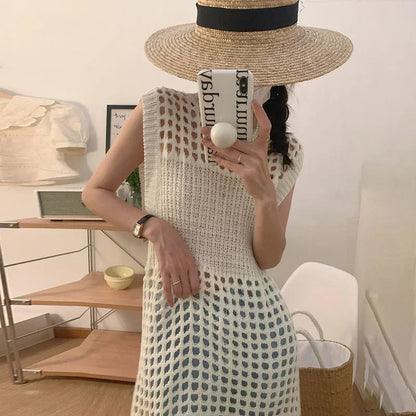 TKNOLEGE Knitted Dress Hollow French Style Fashion O-neck Out Design Sleeveless Solid Casual Tender Holiday Chic Ladies Dress ﻿