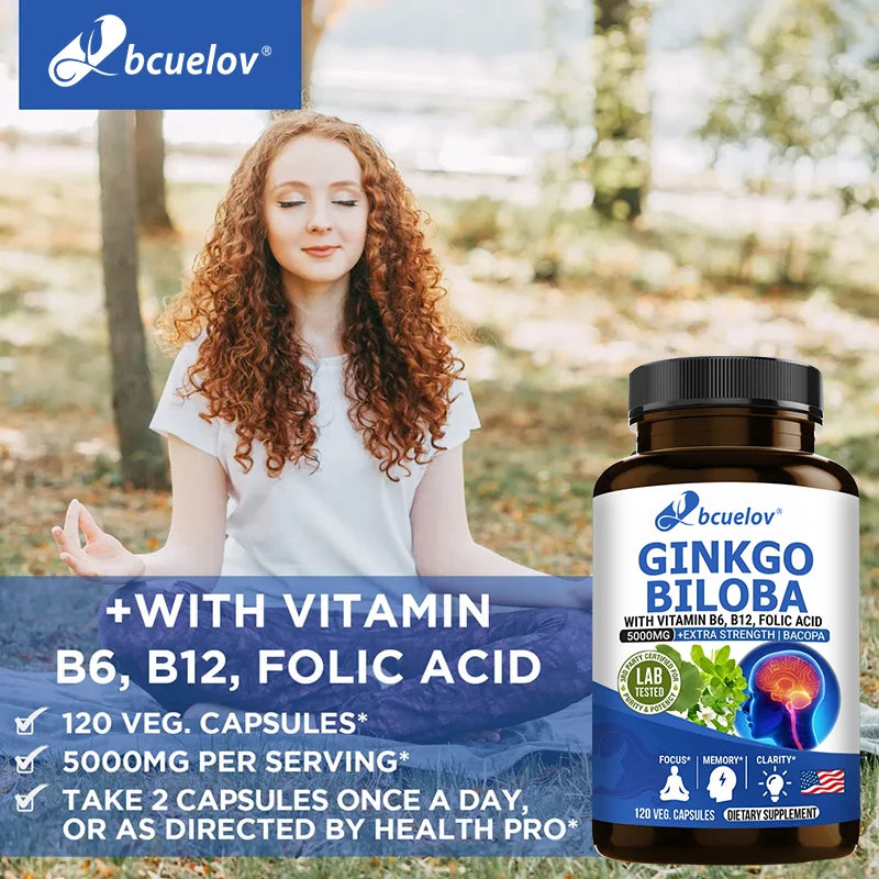 Ginkgo Biloba + 5000mg Supplement - Vitamin B6 B12 Folic Acid Bacopa Gotu Kola - Brain Focus Memory