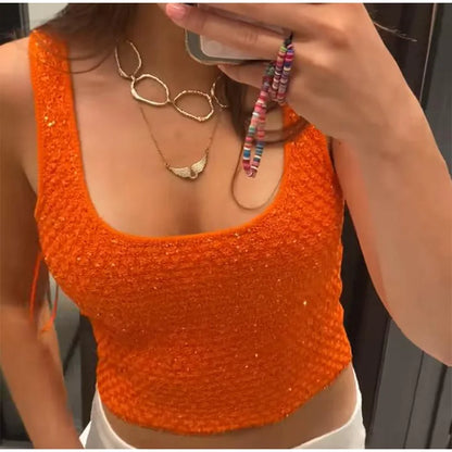 Fashion Bright Silk Knitted Vest For Women Elegant sleeveless U Neck Chic Cropped Tank Tops female Y2K Street Evening Partywear