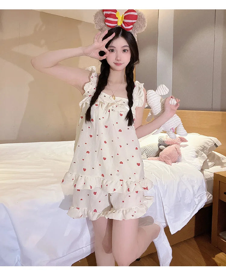 Summer Spwear Women's 2025 New Japanese Sle Fre Vest orts Woven Cotton Thin Home Clothes Set Sweet Print ort Pants