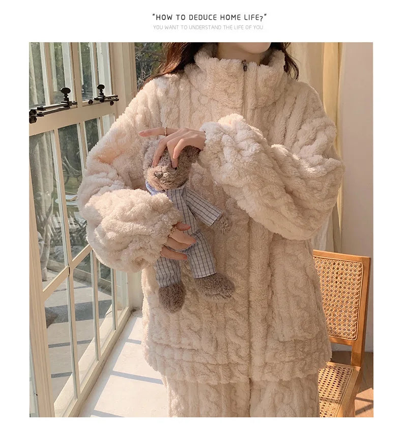 Large Size Flannel Pajamas Set Autumn Winter Female Sleepwear Trouser Suit Thicken Coral Fleece High Collar Lounge Wear Homewear