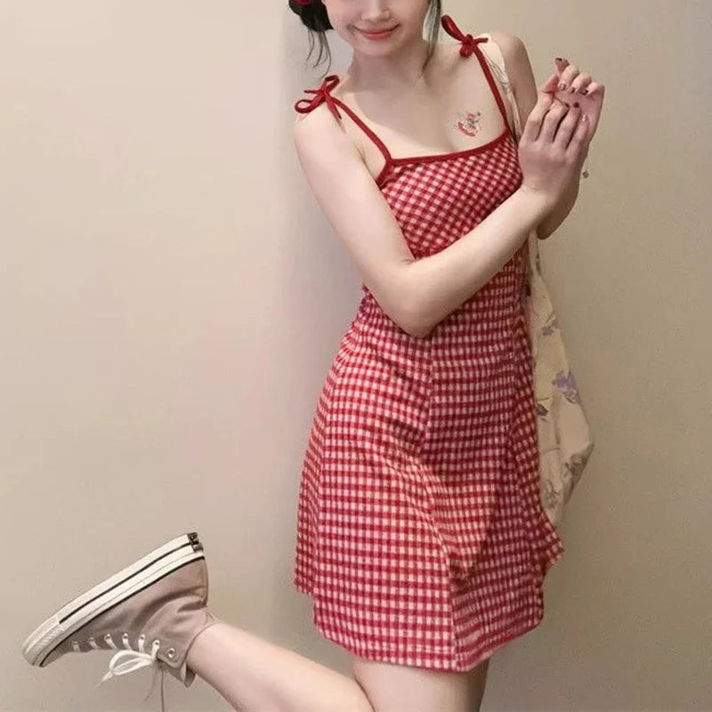 Summer Girls Sweet Red Plaid Slip Dress Lady Korean Designer Bowknots Slim Fit Skirts Female Beach Vacation A-line Short Dress