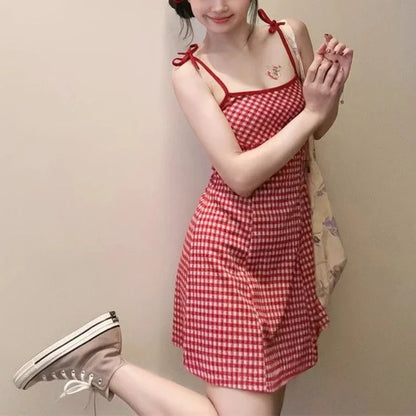 Summer Girls Sweet Red Plaid Slip Dress Lady Korean Designer Bowknots Slim Fit Skirts Female Beach Vacation A-line Short Dress