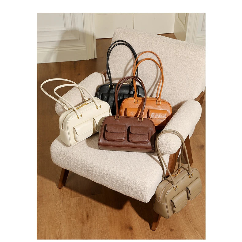 Burminsa Cowhide Genuine Leather Underarm Shoulder Bags For Women 2025 Luxury Designer Korean Bowling Tote Work Ladies Handbags