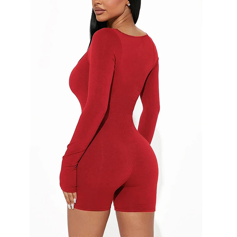 2025 Spring and Summer New Fashion Women's Long Sleeve Jumpsuit Shorts  Long Sleeve Sexy Slim Jumpsuit U Neck Jumpsuit Badiee Stylez