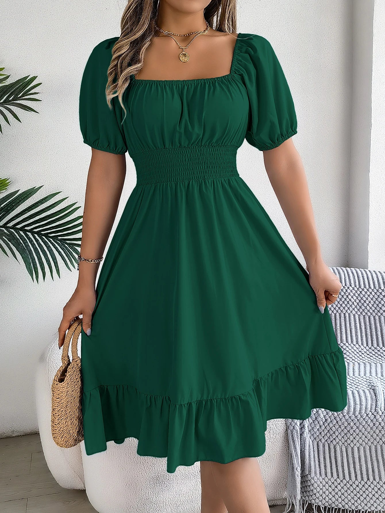 Spring and Summer Elegant High Waisted Dress Square Neck Short Sleeved Ruffled Edge Long Dresses for Women Badiee Stylez