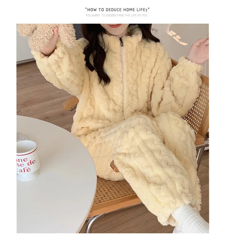 Large Size Flannel Pajamas Set Autumn Winter Female Sleepwear Trouser Suit Thicken Coral Fleece High Collar Lounge Wear Homewear