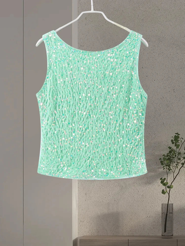 O-neck Vest Mini Skirt Suits Women Sexy sparkly Sequined Sleeveless Tank Tops With Bodycon Short Skirts Fashion Ladies Beachwear