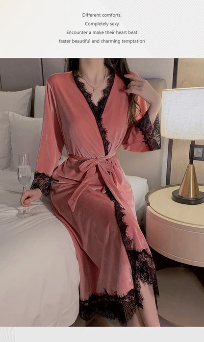 Women Warm Velour Homewear Long Kimono Robe Cami Sleepwear Burgundy Bathrobe Set Sexy Nightgown Winter Robe Suit Loungewear