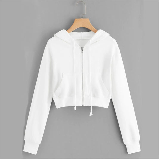 Women'S Casual Solid Colour Zip Pocket Top Drawstring Hooded Sweatshirt Roupas Femininas Chaqueta Mujer Winter Jacket Women New White