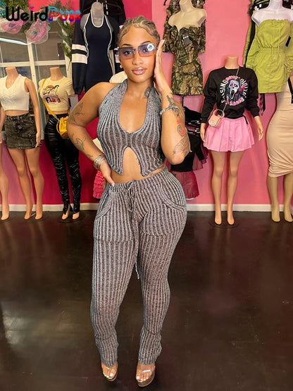 Weird Puss Patchwork Striped Women Casual 2 Piece Set Crochet Halter Low-Neck Vest+Pocket Pants Stretch Skinny Matching Suit Badiee Stylez
