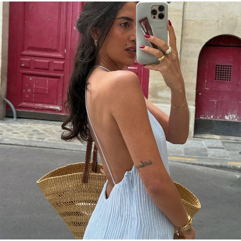 Fashion Solid Pleated Jumpsuit Women Chic Sleeveless U Neck Backless Loose Vacation Pants Set 2025 Summer Holiday Street Outfit