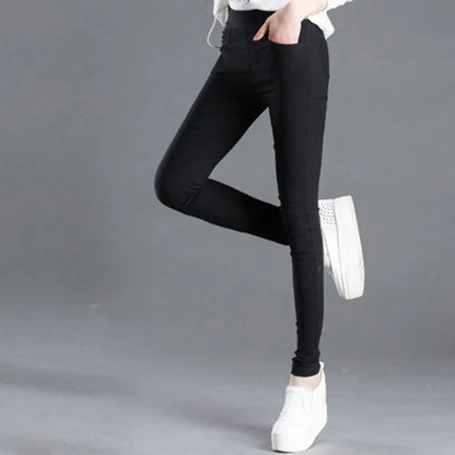 Office Lady Elastic High Waist Solid Color Trousers Summer Thin Female Clothing Casual Pockets Slim Nine Points Straight Pants