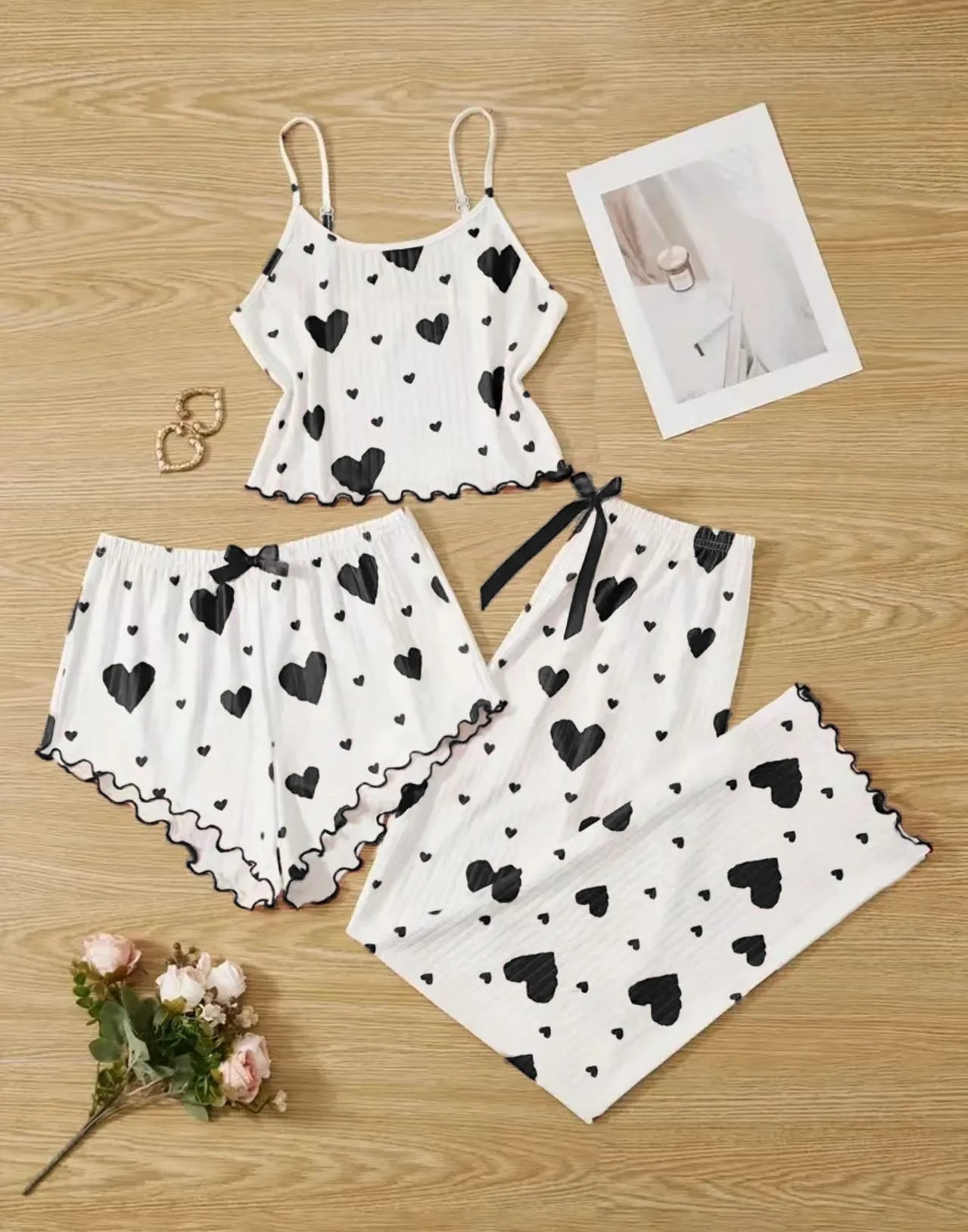 Autumn Winter Sleepwear Heart Print Sleeveless Cami Vest with Long Pants Trouser Set Pajamas Sets Women Sexy Lingerie Pyjamas Black 3pcs