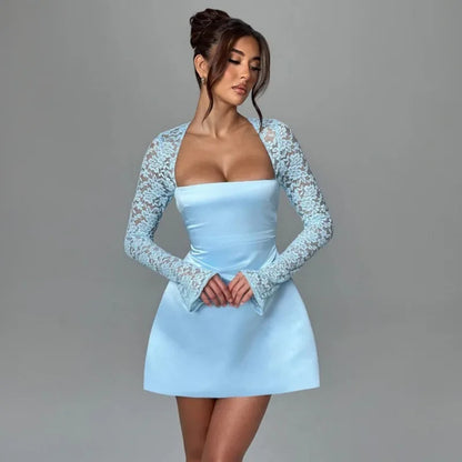 Townlike Lace Patchwork Waist Wrap A-line Dress Women Mini 2024 Autumn Winter Dress Backless Nightclub Sexy Party Dresses Blue
