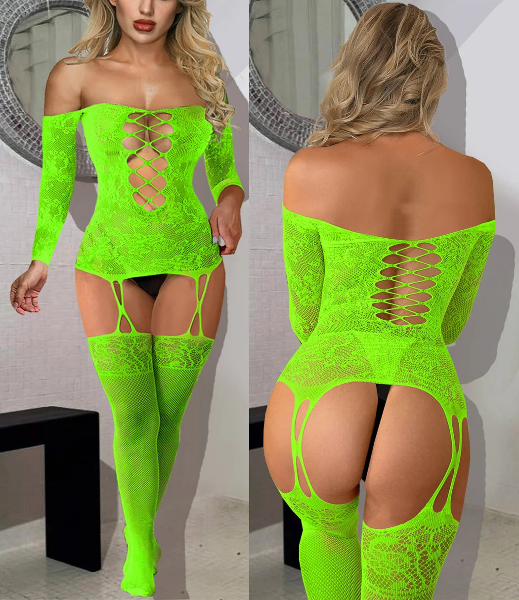 Sleepwear women sexy lingerie Babydoll BODYSUIT Mesh Floral BodyStocking Intimate Catsuit wedding night product erotic plus size fluorescent green S-XXL