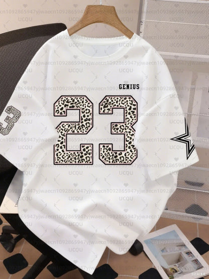 Women's Letter Leopard NO.23 Print Round Neck Short Sleeve T-Shirt Summer Graphic Tee Plus Size Sport T-Shirt